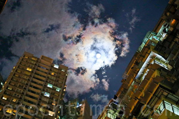香港稠密高楼群的特殊景观,曾是好莱坞电影变形金钢、攻壳机动队等影片的取景场地之一。图为2017年4月8日晚,香港鲗鱼涌高楼群在明月相伴下,彩云片片的美景。(余钢/媒体)